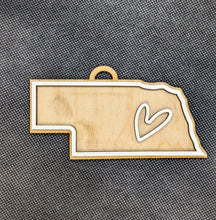 Load image into Gallery viewer, State shapes with heart - Wood ornament
