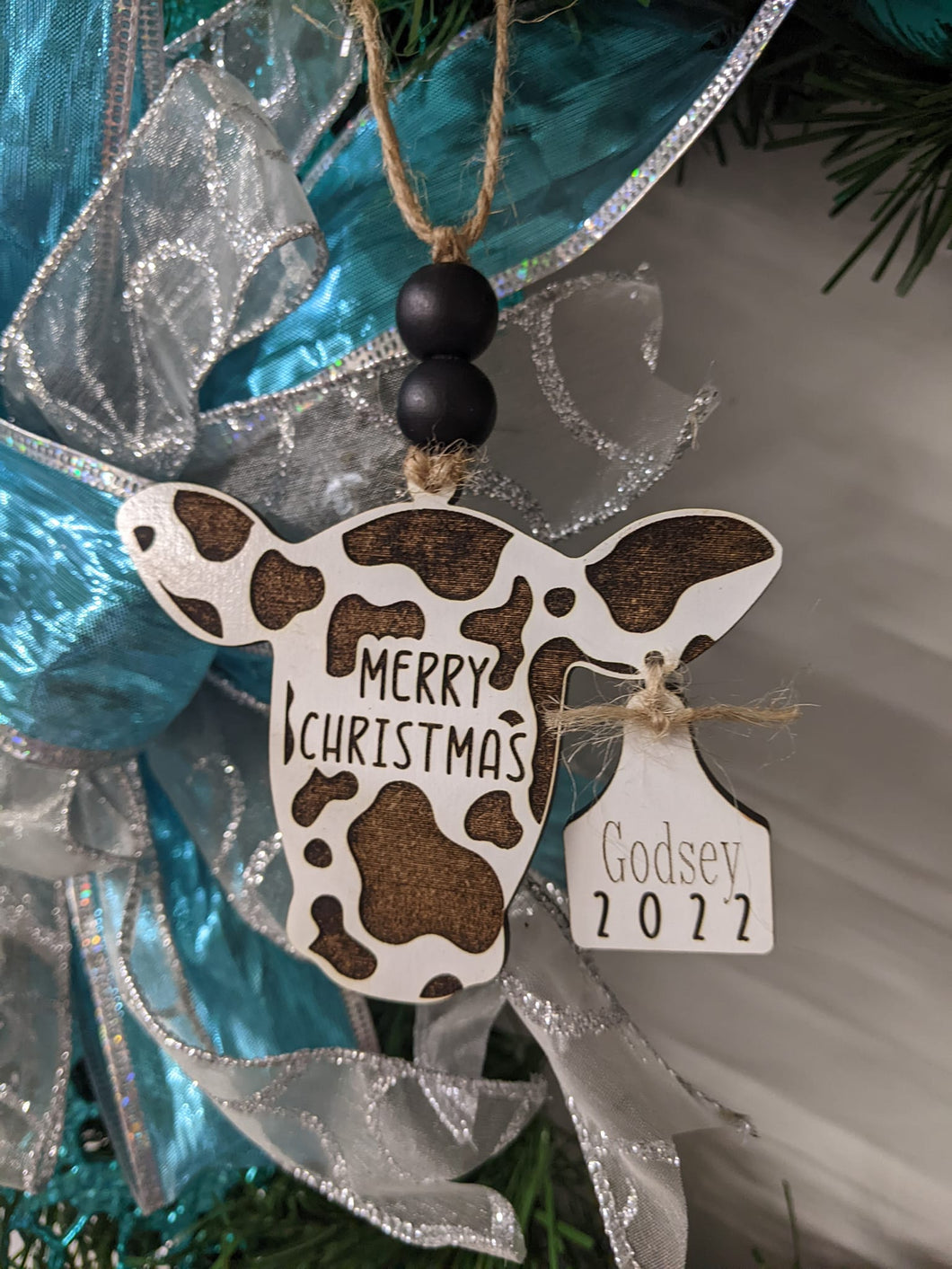 Cow Ornament with cow tag - Wood ornament