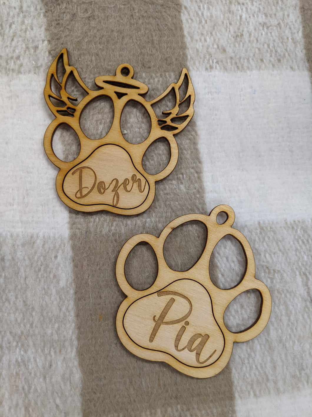 MEMORIAL Dog Cat Paw (with wings) Personalized with name - Wood ornament